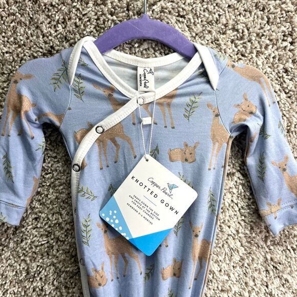 Copper Pearl Gown Baby Newborn Blue Doe Dear Side Button Down Tie Knotted NWT - Picture 2 of 4